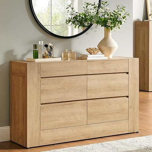 OKD Modern 6 Drawer Dresser with Handle-Free Hidden Drawers, Natural Oak | 54" Wide Bedroom Dresser, Thick Wood Design, Dressers TV Stand, Storage Organizer for Living Room - Image 1