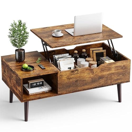 OLIXIS Wooden Coffee Table, Lift Top Coffee Table with Large Hidden Compartment and Ample Storage Shelf, Lift Tabletop Dining Table for Living Room, Home Small Space, Rustic - Image 1
