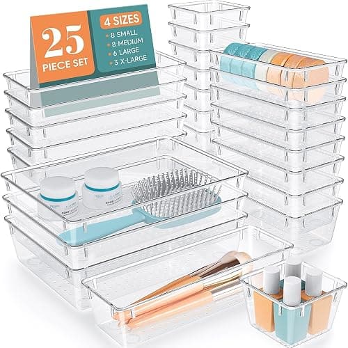 WOWBOX 25 PCS Clear Plastic Drawer Organizer Set, 4 Sizes Desk Drawer Divider Organizers and Storage Bins for Makeup, Jewelry, Gadgets for Kitchen, Bedroom, Bathroom, Office - Clear - Image 1