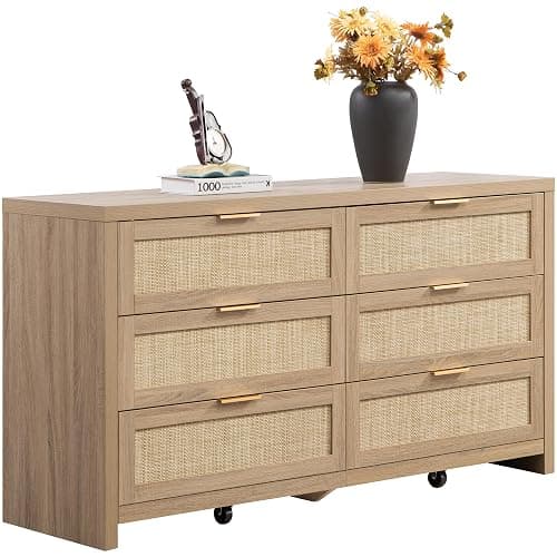 SICOTAS Rattan Dresser for Bedroom, 56.9" Wide 6 Drawer Dresser with Ample Storage, Dressers Large Chest of Drawers, Closet, Boho TV Stand for Bedroom (Reclaimed Light Oak, 1 Piece) - Image 1
