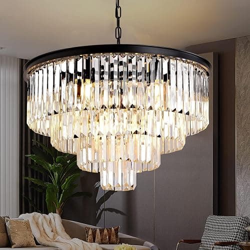 MSSIAN Modern Black Crystal Chandelier E14 Base 9 Lights,Small Flush Mount Chandelier Ideal Round Dimmable Pendant Lighting for Dining Room Living Room Bedroom Foyer Kitchen Island W60CM - Image 1