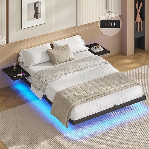 AOGLLATI Lit 2 Personnes avec 2 Étagères de Chevet,Cadre de Lit avec 140 x 190 avec Sommier Métal,Multiprise et Éclairage LED, 24 CM de Rangement pour Chambre, Noir - Image 1