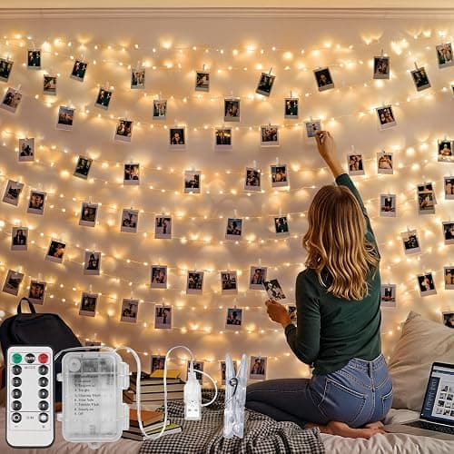 suddus 16ft 50 LED Fairy Lights with Clips for Pictures, Photo Lights with Remote USB Powered & Battery Operated with 22 Clear Clips, String Lights for Party, Bedroom, Decoration, Warm White - Image 1
