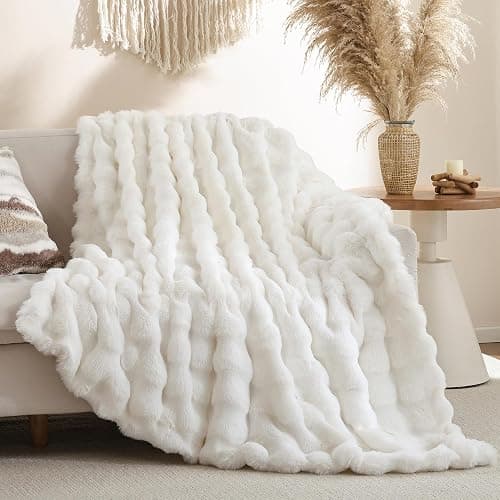 Smoofy Faux Fur Throw Blanket for Couch – Cream White Fluffy Cozy Rabbit Fleece, Plush Soft Bubble Blanket for Sofa & Bed, for Mom, Warm Fuzzy Home Room Decor Throw 50" x 60" - Image 1