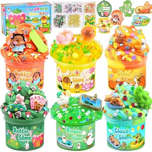 LAWOHO 6 Pack Capybara Slime Kit, Cloud Butter Clear Crunchy Slime with Slime Add-Ins, Non-Sticky Bingsu Slime Toys for Stress Relief, DIY Capybara Party Favors for Birthday Goodie Bag Stuffers - Image 1