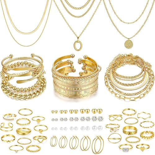FAXHION 68 Pcs Gold Jewelry Set for Women with 7 Necklace, 17 Bracelet, 5 Hoop Earrings, 15 Stud Earrings, 24 Knuckle Rings for Women Jewelry Set for Women - Image 1