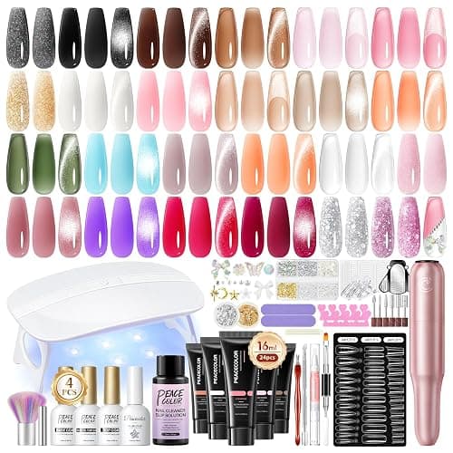PEACECOLOR 52Pcs Poly Nail Gel Kit with Drill and U V Light 24 Colors Poly Nail Extension Gel with Cat Eye Nail Polish Glossy Matte Top Coat Nail Rhinestones Starter Kit Home Salon DIY Gifts for Women - Image 1