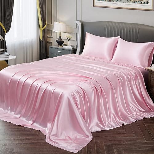 Vonty Satin Sheets Queen Size Silky Soft Satin Bed Sheets Pink Sheet Set, 1 Deep Pocket Fitted Sheet + 1 Flat Sheet + 2 Pillowcases | Silky Satin Protects Hair, Reduces Facial Wrinkles, Deep Pocket Up To 15 Inch, Machine Washable, Year-Round Comfort - Image 1