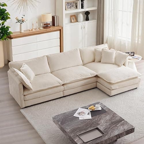 mikibama Modular Sectional Sofa, 111.5 Inch L Shaped Couch Set for Living Room, 3-Seater Comfy Cloud Couches with Movable Ottoman, DIY Combination, Chenille, Light Coffee - Image 1