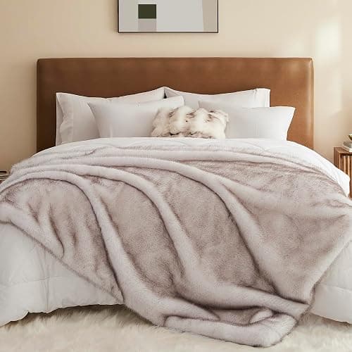 L'AGRATY Faux Fur Throw Blanket: 60''x 80'' Luxury Fluffy Plush Thick Faux Fur Blanket for Bed Couch Sofa - Cozy Soft Fuzzy Blankets for Women Man: Minky Couture Decoration Blanket (White and Grey) - White - Twin (60" x 80") - Image 1