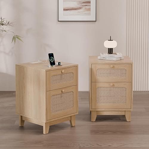 Modern Rattan Nightstand Set of 2, Wicker Rattan Stand with Drawer and Charge Station, Wooden Bedside Table for Small Spaces, Natural Wood Side Table for Bedroom (with Charging Station, 2) - 2 - With Charging Station - Image 1