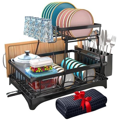 Godboat Dish Drying Rack, 2-Tier Dish Racks for Kitchen Counter, Dish Rack with Drainboard & Mat, Dish Drainer with Knife, Fork & Cup Rack, Gifts for Women, Mothers Day, Cool Stuff & Kitchen Gadgets - X-Large - Image 1