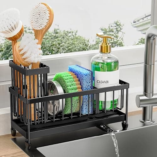 Cisily Sponge Holder for Kitchen Sink, Sink Caddy Organizer with High Brush Holder, Kitchen Countertop Organizers and Storage Essentials, Rustproof 304 Stainless Steel (Black, 9.25″) - Image 1