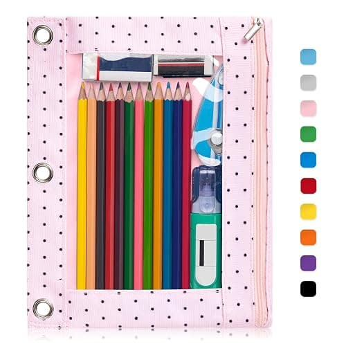 Forvencer Pencil Pouch for 3 Ring Binder, Large Pencil Case Pouch Binder | 3 Reinforced Grommets, Pen Bag, Clear Window Pencil Case, Binder Accessories, Pink Polka Dot - Image 1
