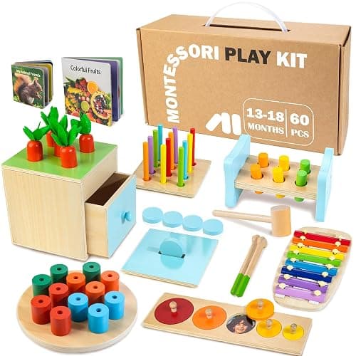 WOODMAM Wooden Montessori Toys for 1+ Year Old, 9 in 1 Learning Educational Toys for Toddler with Educational Box, Xylophone, Pound Bench, Shape Puzzle and More, Baby Toy Gift for 12-18 Months - Image 1