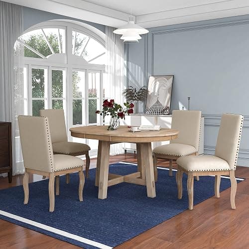 Harper & Bright Designs Kitchen Dining Table Set for 4, Wood Round Extendable Dining Table and 4 Dining Chairs Dining Table Set (Natural Wood Wash) - Natural Wood Wash1 - Image 1