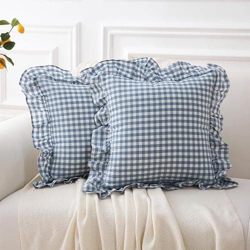 K MASANIJI 2 Pack Dust Blue White Plaid Gingham Ruffle Throw Pillow Covers, 100% Washed Cotton Decorative Buffalo Checkered Farmhouse Pillow Shams - 18''x18'' - Image 1