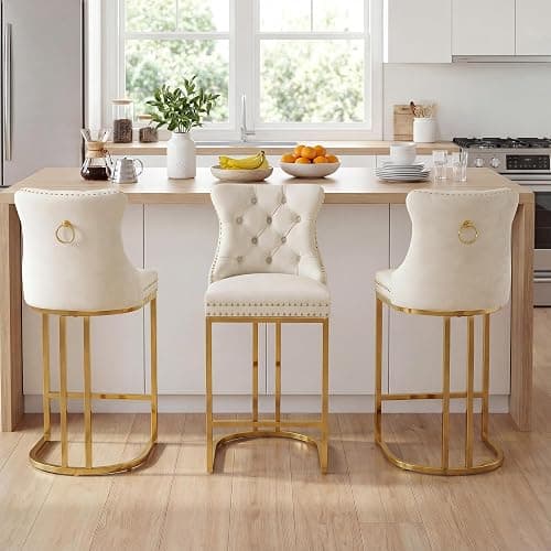 AQO Counter Height Bar Stools Set of 3 for Kitchen Island, Modern Bar Stools with Backs, 26 Inch Barstools with Upholstered Velvet Seat and Gold Legs, Beige - Image 1