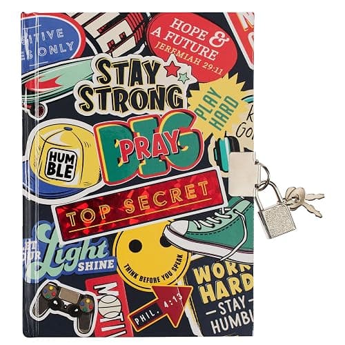 Secret Diary with Lock/Keys, Boys Interactive Christian Blue Journal with Writing Prompts Teen, Tween Be Strong Joshua 1:9 Bible Verse - Image 1
