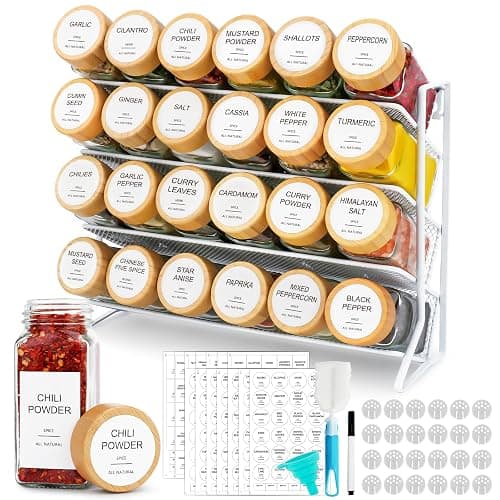 AISIPRIN Spice Rack with Spice Jars 398 Labels-4oz 24 Pcs Spices Jar with Bamboo Airtight Lids,Spices Container Set Seasoning Organizer for Countertop, Cabinet, Kitchen, Pantry, Cupboard - Image 1