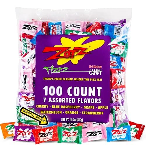 Zotz Fizzy Bulk Candy (Assorted, 100 Units)- Hard Candy Individually Wrapped- Assorted 7 Fruit Flavors, Cherry, Watermelon, Strawberry, Blue Raspberry, Apple, Orange & Grape- From Italy Since 1970 - Image 1