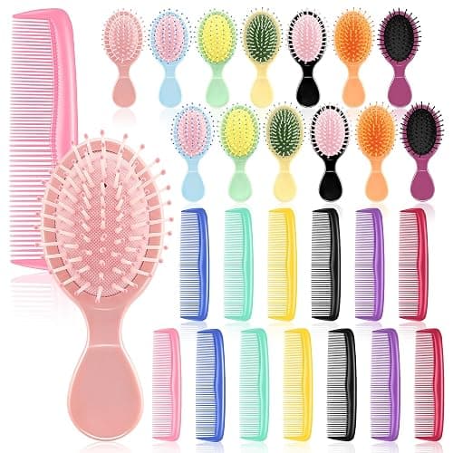 HOFASON 28 Pieces Bulk Mini Wet Hair Brush & Mini Combs Set for Kids Girls Women, Easter Basket Stuffers, Bridesmaid Gifts, Spa Party Supplies, 14 Travel Small Brush and 14 Fine Wide Hair Combs - Image 1