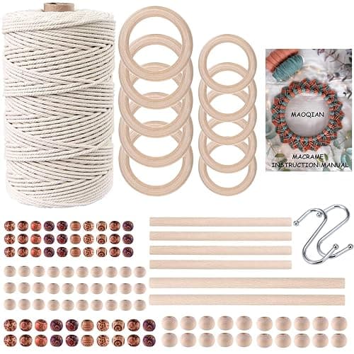 120pcs Macrame Kits for Beginners 3mm x 220yards Natural Cotton Macrame Cord Wall Hanging Kit, Best Macrame Supplies for Macrame Plant Hanger with Wooden Beads,Wooden Rings,Wooden Sticks,S Hooks - Image 1