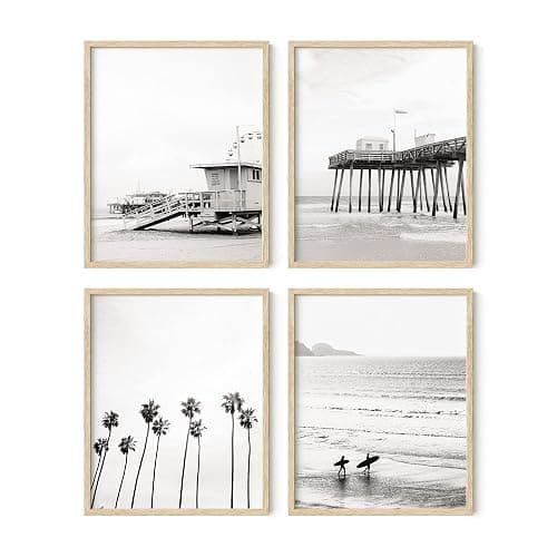 HAUS AND HUES Black and White Beach Wall Art – Set of 4 Ocean-Themed Posters, Coastal Minimalist Beach Decor (Beige Frame, 8x10) - Image 1