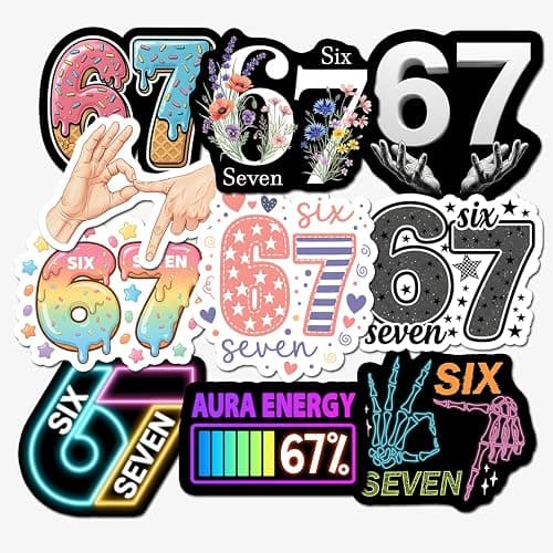 (10 PCS) 67 Meme Stickers Pack Angel Number Funny Six Seven Waterproof Vinyl Donut Ice Cream Neon Aura Birthday Decals Laptop Water Bottle Phone Case Aesthetic Kids Teens Adults Gifts - Image 1