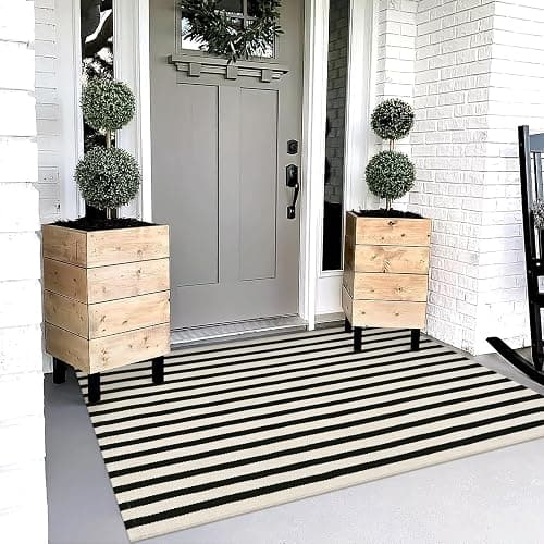 OJIA Outdoor Rug 3'x5', Front Door Mat Outdoor Entrance Machine Washable Rugs Cotton Hand Woven Striped Entryway Rugs Indoor Door Mat Black and Cream White Area Rug for Porch/Backyard/Outside Decor - Image 1