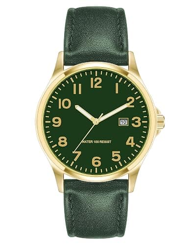 Amazon Essentials Men's 42mm Leather Band Analog Watch / GREEN - Image 1