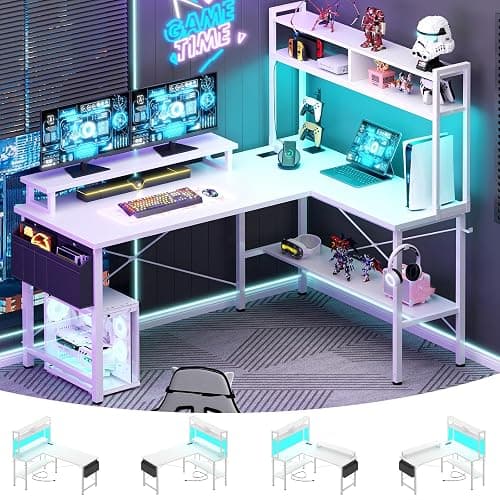 Aheaplus L Shaped Gaming Desk with Power Outlets & LED Lights, Small L- Shaped Desk Computer Corner Desk with Monitor Stand & Storage Shelf, Home Office Desk Writing Desk with Storage Bag, White - Image 1