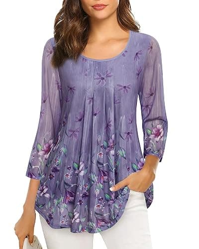 VALOLIA Women's 3/4 Sleeve Tunic Tops Casual Loose Fit Floral Blouses Mesh Pleated Layered Shirt - Image 1