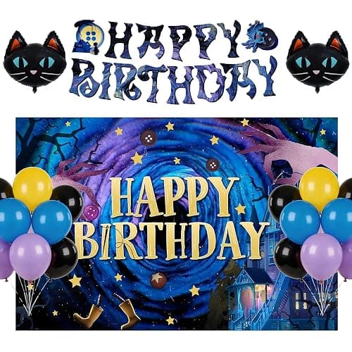 Cartoon Horror Halloween Happy Birthday Decorations, Spooky Party Supplies Set Includes Banner Backdrop Black Cat Foil Balloons - Image 1