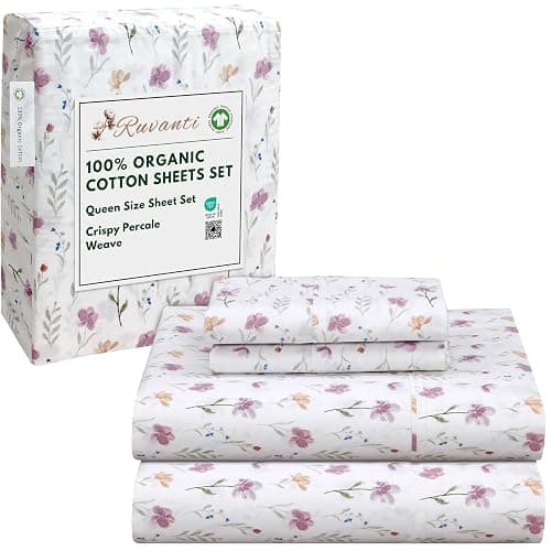 RUVANTI 100% Organic Cotton Sheets - Queen Sheet Set - 4 Piece Percale Weave Bedding, Crisp, Cooling & Breathable, Soft & Durable, 16" Deep Pocket, Hotel Quality Sábanas - Obsessed Stems - Image 1