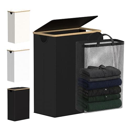 efluky Slim Laundry Basket with Lid, Narrow Laundry Hamper with Removable Bag, Skinny Dirty Clothes Basket with Bamboo Handles for Bathroom, Bedroom & Laundry Room, 65L Black - Image 1