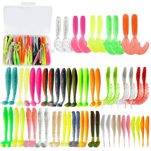 Soft Fishing Lures Set with Tackle Box, 6.5cm/8cm Paddle Tail Swimbaits, 60PCS Soft Plastic Baits with Curly Tails, Freshwater Fishing Lures for Bass, Trout, and More - Image 1
