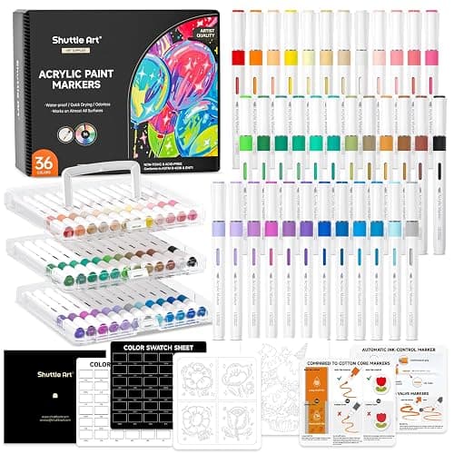 Shuttle Art Automatic Ink Control Acrylic Paint Markers, 36 Colors Brush Tip Acrylic Paint Pens for Rock Painting, Ceramic, Wood, Canvas, Glass, Stone, Fabric, Card Making, DIY & Art Supplies - 36 Colors Brush Tip - Image 1