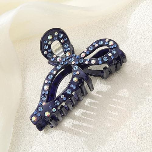 AWAYTR Rhinestone Hair Bow Claw Clip for Women, 4.3", Butterfly Style, Non Slip, for Long Thick Hair (Navy) - Image 1