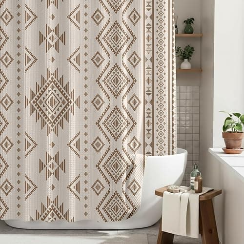 HunnmingRe Western Shower Curtain Waffle Southwest Aztec Geometric Stripes Fabric Shower Curtain Set with Hooks for Bathroom 72 x 72 Inches Boho Bath Curtains(Beige) - Image 1