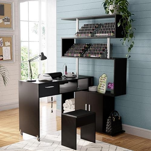 Kikihouse Manicure Table Nail Desk with Stool, Rotating L-Shaped Nail Tech Desk with Dust Collector, Two-Way Drawer, Cabinet & Storage Shelves, Reversible Manicure Workstation on Wheels (Black) - Image 1