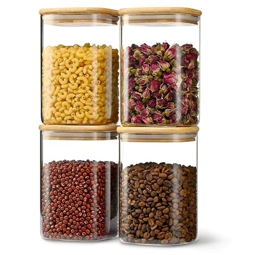 D2scrma 41oz Airtight Glass Square Storage Canister with Bamboo Lid Set of 4 (1200ml) Container Stackable Jar, Kitchen Canister for Pantry Noodles, Flour and Coffee beans (with Black Lable) - Image 1
