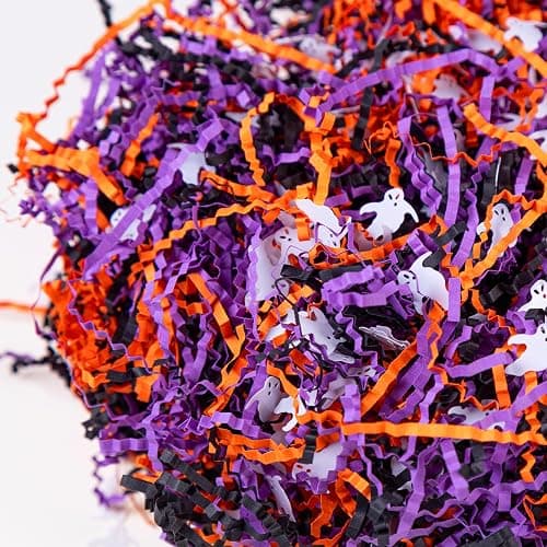 1LB Halloween Crinkle Cut Paper Shred Black Orange Purple Raffia Paper | Halloween Crinkle Cut Paper Shred Filler Grass with Ghost Decoration for Gift Wrapping Basket Filling Party Supply - Image 1
