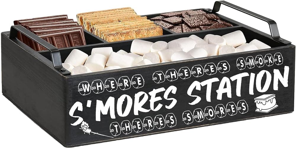 DEALZOOM Smores Station (Black Mini 11x7x3) - Wooden Smores Caddy Holder with Handles - S'Mores Serving Tray for Kitchen - Smores Maker Box for Smores Kit Camping Decor - Smores Accessories Organizer - Image 1