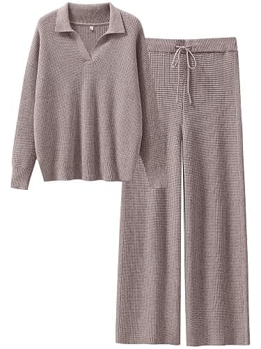 ANRABESS Women Two Piece Outfits Sweater Sets Lounge Waffle Knit Pullover Matching Wide Leg Pants Tracksuit 2025 Fall Fashion - Image 1