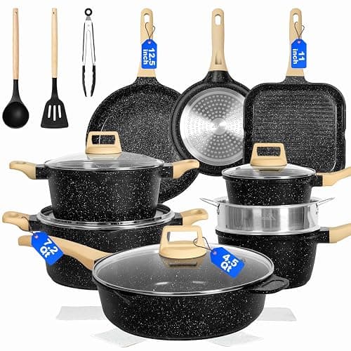 Romswi 23pcs Pots and Pans Set Non Stick, Kitchen Cookware Set with Casserole, Frying & Saucepans, Oven Safe & Stovetop Agnostic Non Toxic Cookware (Gas, Electric & Induction) - Black - Image 1