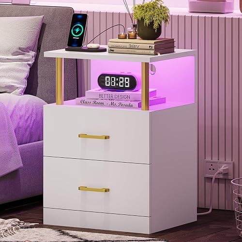 VIAGDO LED Night Stand with Charging Station and USB Ports, White Night Stand with 2 Drawers, Modern End Side Tables with Open Storage, Bedside Tables for Bedroom, Office - Image 1