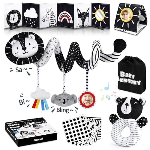 Joyreal Giochi Neonato 0-12 Mesi - Giochi Spirale Passeggino, Stoffa Libro Bianco e Nero Neonati, Sonaglio Sensoriali Montessori Regalo - Image 1