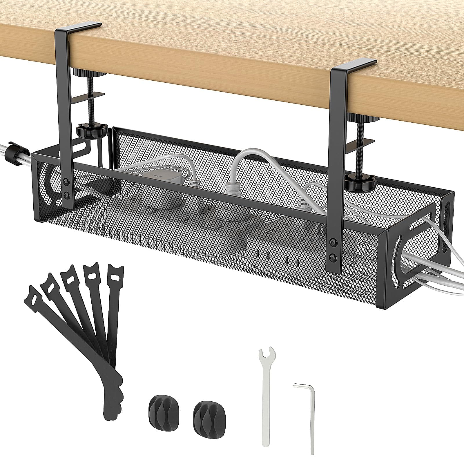 Under Desk Cable Management Tray No Drill, Metal Mesh Cable Tray with Clamp for Desk Wire Management, Desk Cable Management Box and Cord Organizer for Office, Home - Image 1