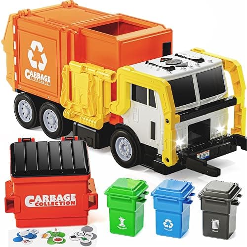 JOYIN Large Friction Powered Garbage Truck Toy Set, Includes Dumpster, Trash Bins, and Learning Cards for Kids, Orange - Image 1
